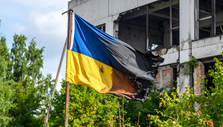 A tattered and burnt Ukrainian flag stands defiantly against the backdrop of a destroyed building. This powerful image symbolizes the immense cost of conflict, as well as the unwavering resilience and enduring spirit of a nation amidst the devastation of war.の素材