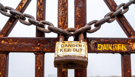 A heavy, rusted chain and weathered padlock secure an old metal gate, barring entry. A faded Danger Keep Out sign serves as a stark warning, hinting at a forgotten or restricted area beyond, left to the elements and time.の素材