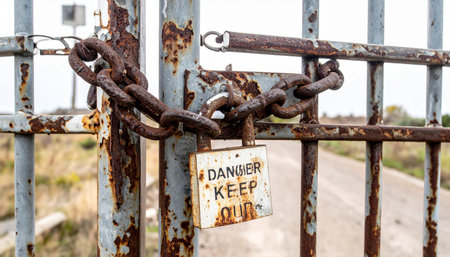 A heavy, rust-eaten chain and padlock secure an old metal gate, barring entry. A weathered sign hangs as a stark warning DANGER KEEP OUT. This image evokes a sense of mystery, abandonment, and forbidden territory, perfect for themes of restriction, security, or urban exploration.の素材
