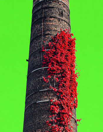 A symbol of resilience, where vibrant red ivy tenaciously climbs an old, weathered brick smokestack. This striking contrast against a solid green background highlights natures power to reclaim industrial relics, offering a powerful visual for growth and endurance.の素材