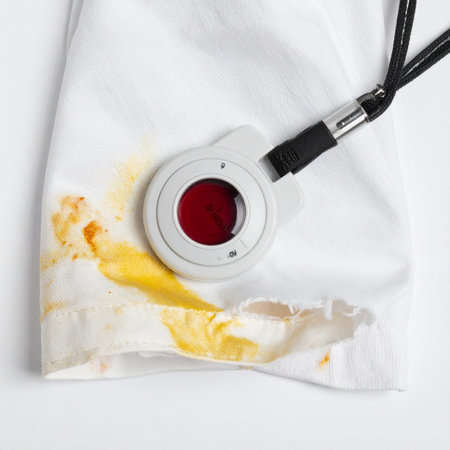 A close-up view of a yellow chemical spill staining a white lab coat. An emergency panic button is attached, suggesting a recent workplace accident or a call for immediate assistance in a medical or scientific environment.の素材