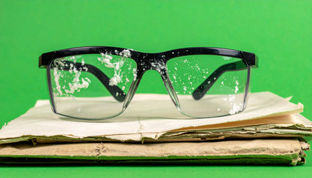 A pair of well-used reading glasses rests atop a weathered book, signifying a pause in a long session of study or research. The vibrant green background provides ample copy space and makes the objects easy to isolate for various design concepts related to education, literature, and intellectual pursuits.の素材