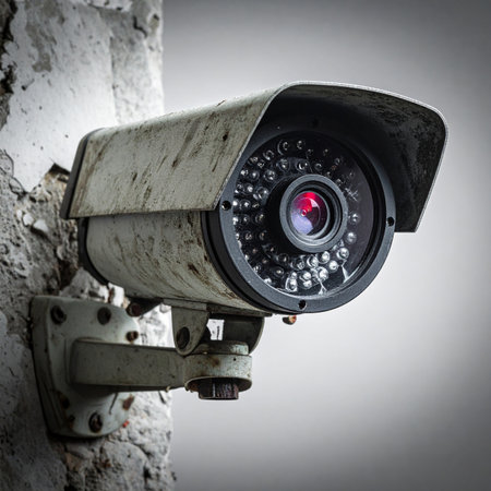 Mounted on a decaying wall, a weathered security camera stands as a silent, ever-watchful sentinel. Its infrared eye pierces the gloom, a symbol of constant surveillance in an urban landscape where privacy and protection are in constant tension.の素材