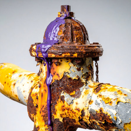 A forgotten piece of urban infrastructure finds new life. Thick purple paint drips over layers of rust and peeling yellow, creating a striking abstract composition. This image captures the beauty of decay, the passage of time, and an unexpected splash of modern color on an industrial relic.の素材