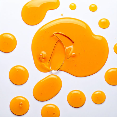 A vibrant collection of glossy yellow liquid drops and puddles artfully arranged on a clean white surface. This minimalist, abstract composition evokes a sense of creative energy and purity, perfect for backgrounds in beauty, science, or design projects.の素材