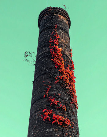 A low-angle view captures an old industrial brick chimney, a relic of a bygone era. Vibrant red ivy climbs its weathered surface, a powerful symbol of natures resilience and reclamation, set against a surreal, mint-green sky.の素材