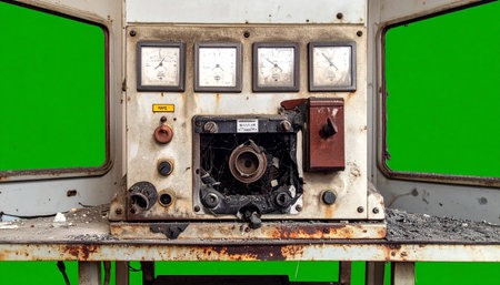 An old, rusty industrial control panel with analog gauges and switches sits abandoned. Isolated on a green screen background, this piece of obsolete technology evokes a sense of forgotten power and a bygone era of mechanical engineering, perfect for steampunk or post-apocalyptic themes.の素材