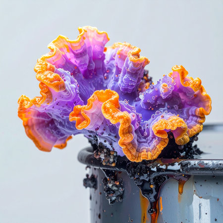 A macro photograph captures a surreal, coral-like fungal formation with vibrant purple and orange ruffled edges. This abstract organism grows from a corroded metal surface, creating a stunning visual contrast between organic life and industrial decay, symbolizing transformation and resilience.の素材