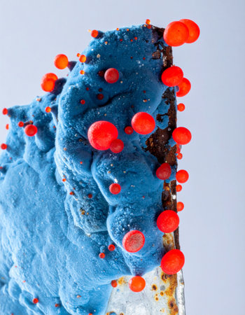 A macro photograph captures a mysterious, vibrant blue colony flourishing with bright orange spores on a corroded surface. This abstract image evokes themes of scientific discovery, alien life, and the beautiful, unseen processes of nature and decay.の素材