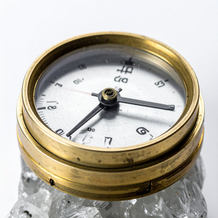 A detailed macro view of a vintage brass clock mechanism, its hands frozen in a moment. Resting on a textured crystalline surface, the image evokes concepts of timeless precision, the mechanics of history, and the inexorable passage of moments.の素材
