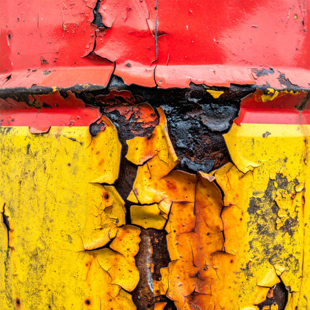 A close-up view captures the beautiful decay of a forgotten object. Bright red and yellow paint cracks and peels away from a rusted metal surface, creating a compelling abstract texture that tells a story of time, weather, and neglect.の素材