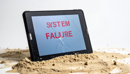 A tablet, half-buried in the sand, displays a critical SYSTEM FAILURE message. This image represents a technological breakdown in an isolated environment, symbolizing concepts like digital disaster, data loss, or being stranded without communication.の素材