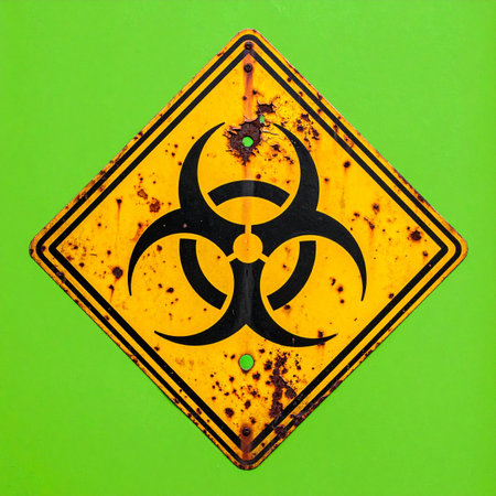 A heavily rusted and weathered biohazard sign stands as a stark warning against an unseen threat. Isolated against a vibrant green screen, this symbol of contamination and danger tells a story of survival, apocalypse, and the lasting impact of hazardous materials.の素材