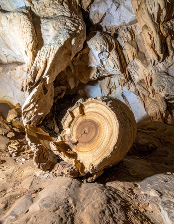 Deep within a subterranean cavern, a remarkable geological formation reveals itself. This cross-section of stone, with its ancient concentric rings, resembles a petrified tree trunk, telling a silent story of immense pressure and the slow passage of geological time. A testament to natures hidden artistry, waiting to be discovered by intrepid explorers.の素材