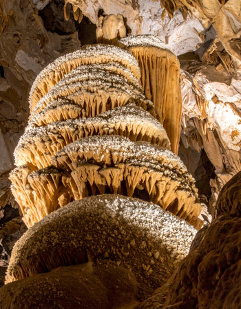 Deep within the earth, a magnificent geological masterpiece stands as a testament to time. Formed over millennia by the slow, patient drip of mineral-rich water, this tiered stalagmite reveals the hidden beauty and ancient mysteries of the subterranean world, inviting a sense of awe and exploration.の素材