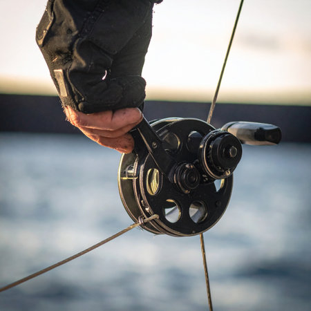 In the quiet light of dusk, a fishermans weathered hand grips the reel, a moment of focused anticipation. This close-up captures the essence of sport fishingpatience, skill, and the intimate connection with the vast, open water.の素材