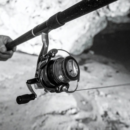 A classic black and white shot capturing the focused moment of an angler holding a spinning reel. The image evokes a sense of patience, tradition, and the quiet anticipation of the catch, perfect for themes of recreation and sport.の素材