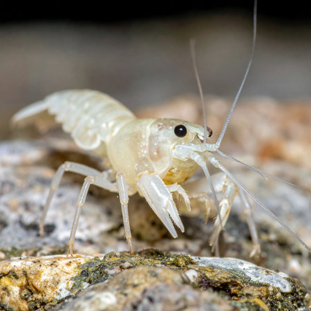 A small, translucent white ghost crayfish stands alert on a textured rock in its freshwater habitat. This detailed macro shot captures the delicate features and curious nature of this unique aquatic invertebrate as it explores its environment.の素材