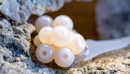 A precious clutch of pearlescent eggs rests safely within a rocky crevice, glowing softly with the promise of new life. This macro shot captures the delicate and mysterious beginnings of natures cycle, symbolizing fragility, hope, and the beauty of creation.の素材