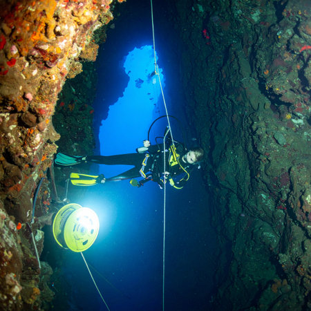 A technical diver descends along a guide line into the mysterious depths of a submerged cave. Illuminated by a powerful dive light, the explorer ventures into the silent, deep blue abyss, a world of adventure and discovery far beneath the surface.の素材