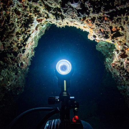 A lone scuba diver navigates the silent, dark depths of a submerged cave. Their powerful torch cuts through the blackness, revealing the rugged textures of the cavern walls and illuminating the path forward into the unknown. A moment of adventure, discovery, and serene solitude.の素材