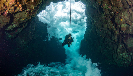A lone scuba diver descends on a rope into the stunning blue abyss of an underwater cave. Sunlight pierces the darkness from the opening above, illuminating the turbulent water and silhouetting the explorer against the mysterious depths, capturing a moment of pure adventure and discovery.の素材