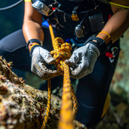 In the dim light of a subterranean passage, a skilled explorers gloved hands expertly secure a safety line. Every twist of the rope is a deliberate act of preparation and focus, essential for the challenging adventure that lies ahead in the darkness.の素材