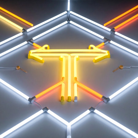 In a high-tech landscape of intersecting light tubes, a luminous double-headed arrow presents a clear dilemma. This abstract visual captures the essence of making a crucial choice at a digital crossroads, navigating complex systems, and forging a path forward into the future.の素材