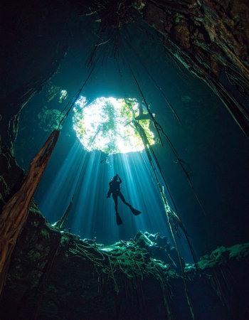 A lone scuba diver floats weightlessly in the crystal-clear waters of a sacred cenote. Beams of sunlight pierce the darkness from an opening above, illuminating the ancient underwater world and creating a sense of awe, discovery, and serene adventure.の素材