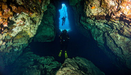 Two scuba divers navigate the mysterious, dark passages of a submerged sea cave. One diver ascends towards a brilliant blue opening to the surface, silhouetted by the suns rays, while their partner explores the deeper, shadowed recesses below. The scene captures a moment of thrilling adventure and the serene beauty of the hidden underwater world.の素材