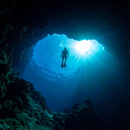 A lone freediver ascends towards a brilliant sunburst piercing the deep blue water at the mouth of a majestic sea cave. The powerful silhouette captures a moment of serene exploration, symbolizing a journey from the dark unknown into the light of discovery and freedom.の素材