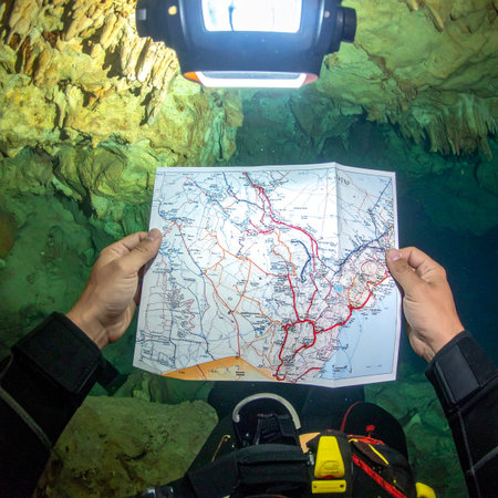 From a first-person perspective, a cave diver illuminates a waterproof map to navigate the intricate passages of a submerged cave system. This image captures the essence of exploration, preparedness, and the thrill of discovering the unknown deep beneath the earths surface.の素材