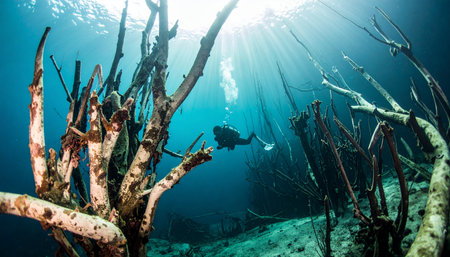 A lone scuba diver explores a breathtakingly surreal underwater world. Sunbeams pierce the clear blue water, illuminating a silent, submerged forest in a Mexican cenote. This image captures a moment of serene discovery and the quiet magic found in natures hidden depths.の素材