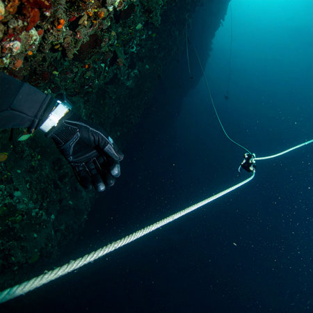From a first-person perspective, a technical diver follows a safety guideline into the mysterious blue abyss of an underwater cave. The darkness ahead holds both wonder and challenge, a testament to the spirit of extreme exploration.の素材