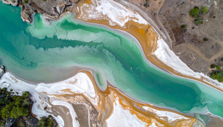 An ethereal top-down aerial view captures the stunning and surreal beauty of a turquoise river flowing through a landscape rich with colorful mineral deposits. The swirling patterns of white, orange, and green create a natural abstract painting, evoking a sense of both the raw power of nature and the delicate balance of fragile ecosystems.の素材