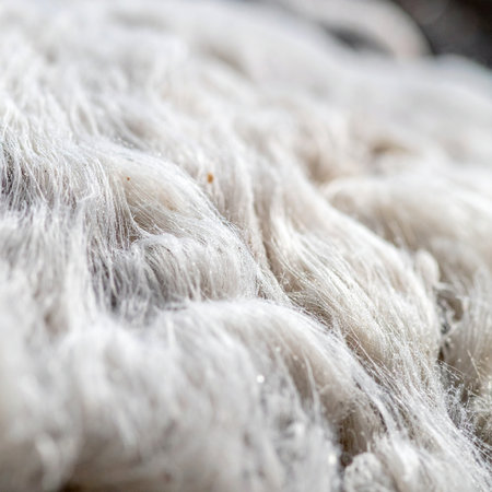 A macro perspective reveals the intricate and delicate world of natural white fibers. Each strand interlocks to create a soft, cloud-like texture, evoking a sense of purity, warmth, and organic comfort. This detailed background is perfect for concepts of nature, textiles, and gentle wellness.の素材