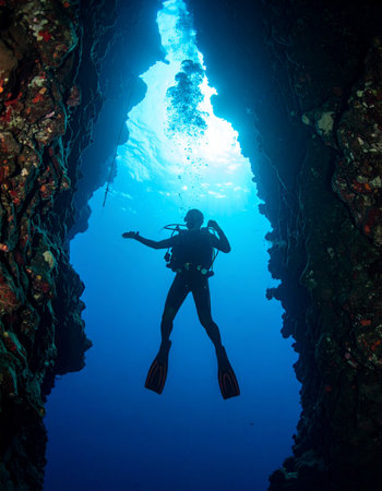 A lone scuba diver, silhouetted against the bright surface light, navigates a narrow underwater canyon. This image captures a moment of serene exploration and the profound mystery of the deep blue sea, symbolizing adventure, discovery, and the courage to venture into the unknown.の素材