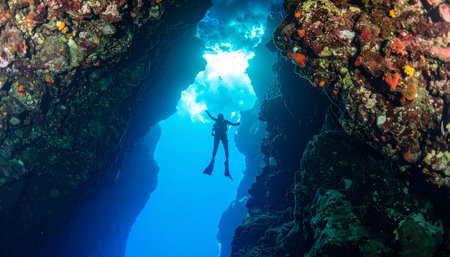 A lone scuba diver ascends through a narrow, sun-drenched underwater canyon, silhouetted against the brilliant light from the surface. The deep blue water and vibrant coral-covered walls create a sense of awe-inspiring adventure, mystery, and the profound beauty of exploring the hidden depths of the ocean.の素材