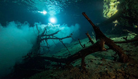 A breathtaking view from beneath the surface of a sacred cenote, where a mystical layer of hydrogen sulfide, known as a halocline, hangs like a ghostly cloud over ancient tree roots. Sunlight pierces the darkness, illuminating this surreal and silent underwater world, inviting exploration and adventure into the unknown depths.の素材