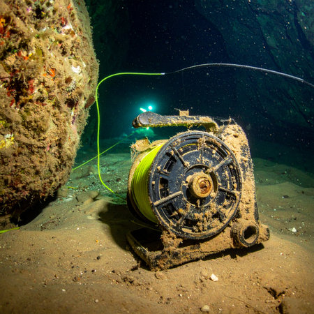 Deep within a submerged cave system, a divers light illuminates a forgotten piece of history. A rusty, old reel rests on the sandy floor, its yellow guideline still intact, hinting at a past expedition and the silent mysteries that lie hidden in the dark, unexplored waters.の素材