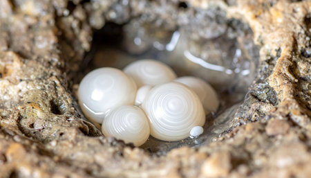 A close-up, macro perspective reveals a precious clutch of tiny, pearly white lizard eggs nestled securely in a damp, earthy crevice. This intimate view captures the delicate beginnings of new life, a hidden moment of vulnerability and promise in the wild.の素材