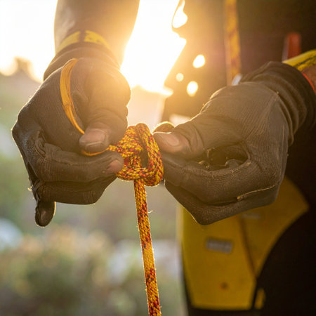 In the golden light of early morning, a skilled professionals gloved hands expertly tie a secure knot. This close-up shot captures a moment of intense focus and preparation, symbolizing safety, reliability, and readiness for the challenge ahead.の素材