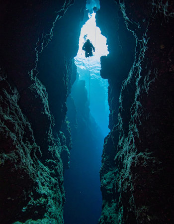 A lone scuba diver ascends through a narrow, deep-sea canyon, silhouetted against the brilliant light filtering down from the surface. This breathtaking view from the abyss captures the spirit of adventure, the mystery of the unknown, and the profound solitude found in exploring the vast, hidden world beneath the waves.の素材
