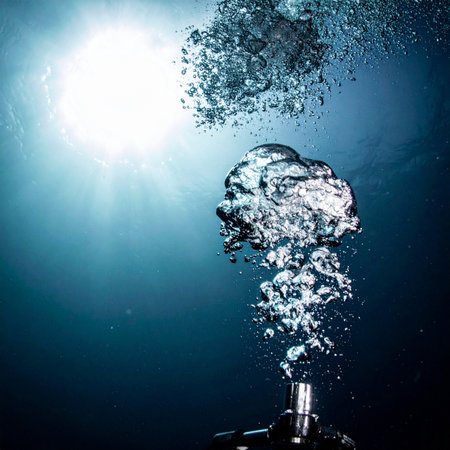 From the depths of the serene blue ocean, a stream of air bubbles makes its ascent towards the bright, sunlit surface. This image captures the quiet and vital moment of a divers breath, symbolizing life, freedom, and the peaceful journey upward from the mysterious deep.の素材