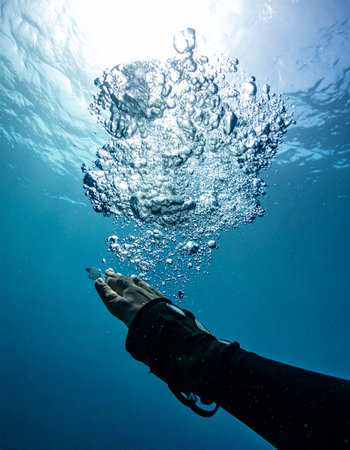 From the quiet depths, a scuba divers hand releases a stream of air bubbles, a symbol of life and breath ascending towards the sunlit surface. This image captures a moment of serene connection with the underwater world, representing freedom, tranquility, and the adventure of exploration.の素材