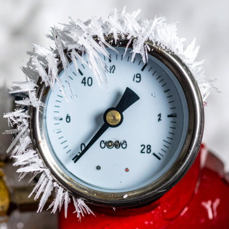 In the depths of a harsh winter, a critical pressure gauge succumbs to the extreme cold, its surface covered in sharp ice crystals. This image captures the moment a system is pushed to its limits, symbolizing the challenges of operating in freezing temperatures and the risk of equipment failure.の素材