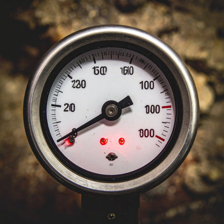 A close-up of a vintage-style analog pressure gauge with a steel bezel, set against a dark, textured background. The needle indicates low pressure while two red lights glow, suggesting a system alert or monitoring status in a factory or mechanical setting.の素材