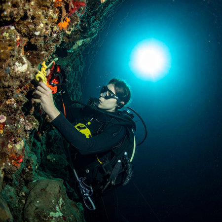 A dedicated marine biologist conducts vital research deep below the surface. Illuminated by a single light source in the dark water, the scientist carefully examines the intricate life on a vertical coral reef wall, contributing to our understanding and conservation of fragile ocean ecosystems.の素材