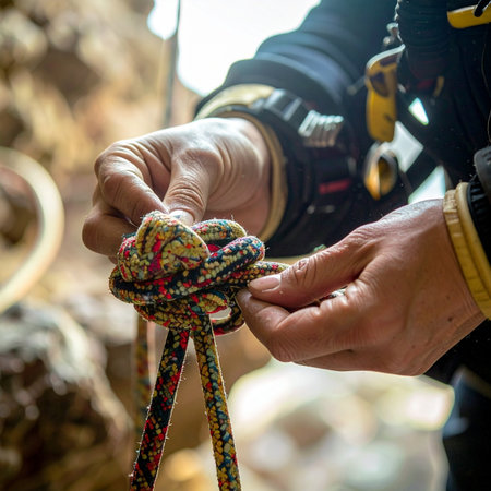 With focused precision, an experienced climbers hands expertly tie a figure-eight knot, a critical lifeline before beginning an ascent. This moment captures the essential preparation, trust in equipment, and concentration required for any great adventure.の素材