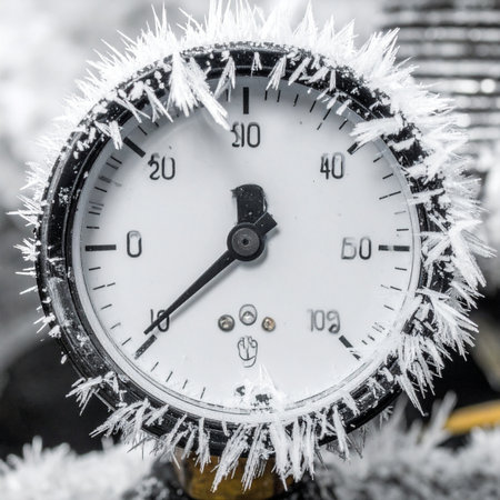 A pressure gauge succumbs to extreme subzero temperatures, its face and bezel encrusted with sharp ice crystals. The needle rests below zero, indicating a critical state in an industrial or scientific process, symbolizing the limits of machinery against the power of natures cold.の素材